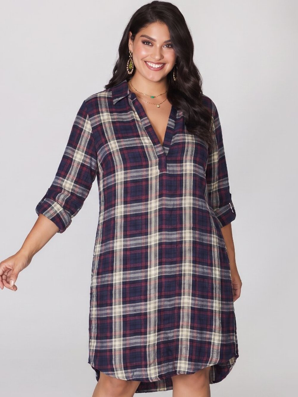 Elan Plaid Long Sleeve Shirt Dress